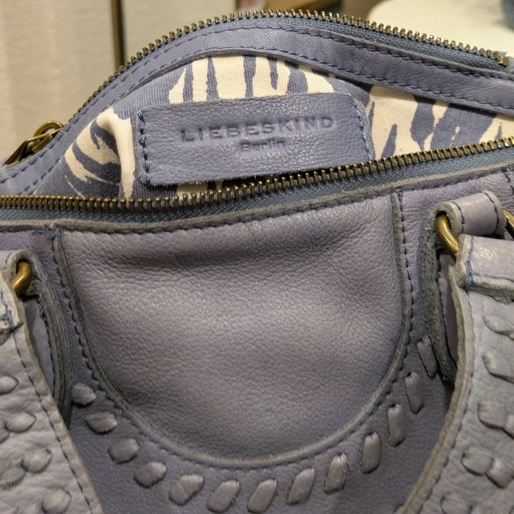 Liebeskind Berlin Satchel Bag Medium Sz Real Leather Blue Braided Crossbody Boho